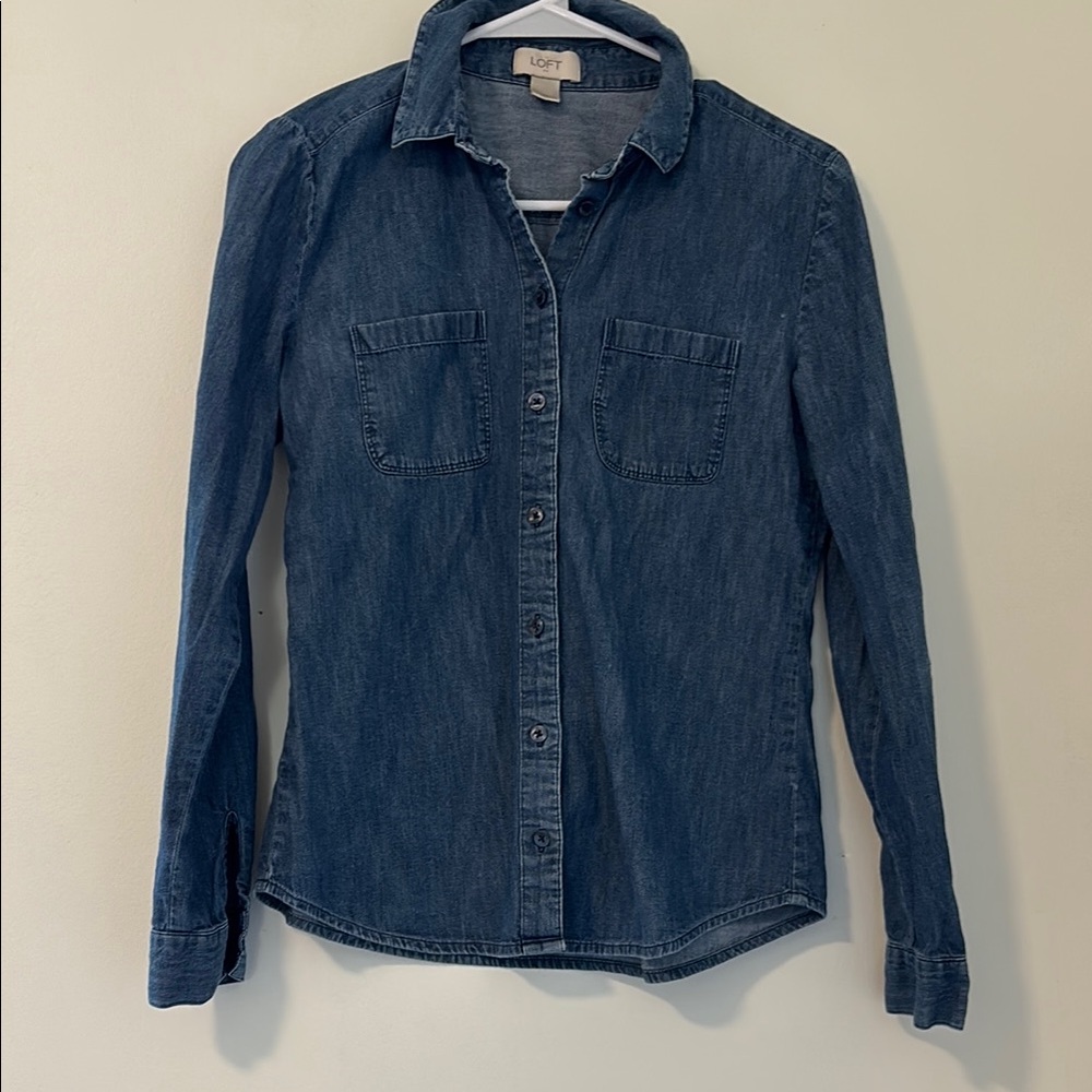 LOFT Denim Button-Down Shirt in Dark Blue